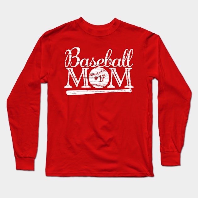 Vintage Baseball Mom #17 Favorite Player Biggest Fan Number Jersey Long Sleeve T-Shirt by TeeCreations